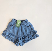 將圖片載入圖庫檢視器中，FIRST BLUE 緞帶刺繡牛仔短褲**預購**